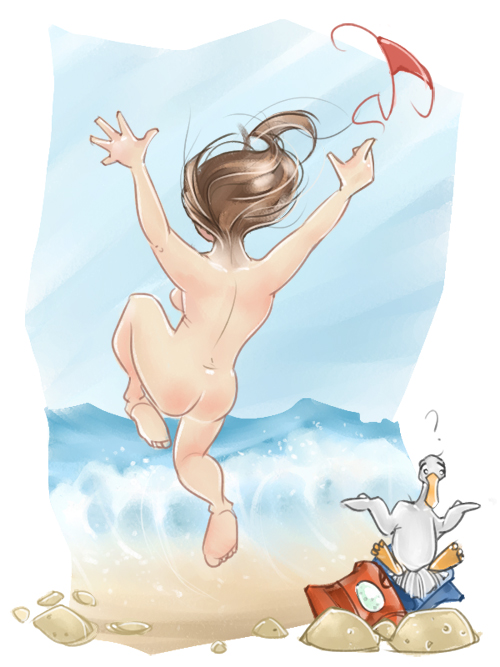 Woman running naked into the sea - cartoon